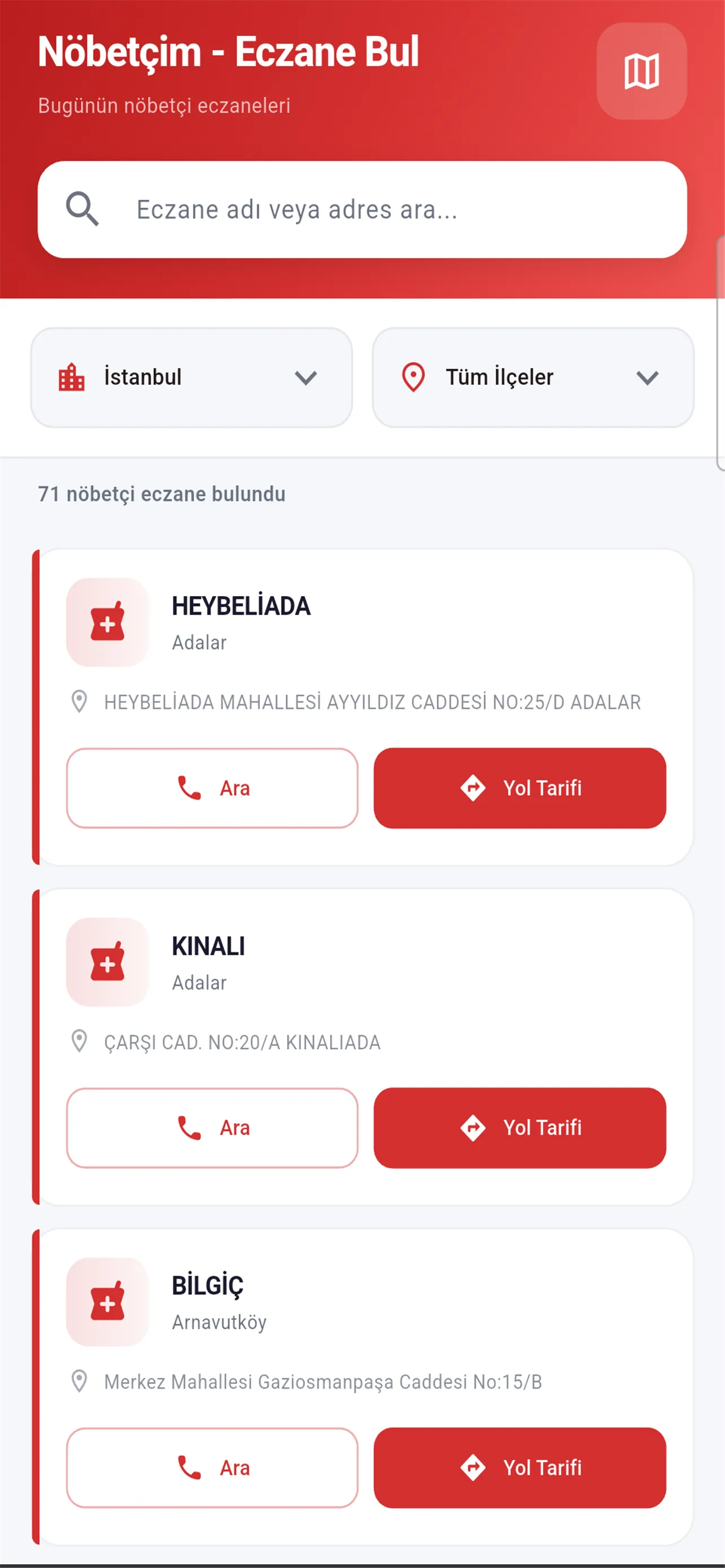 Nöbetçim - Eczane Bul uygulaması nöbetçi eczane listesi ekranı